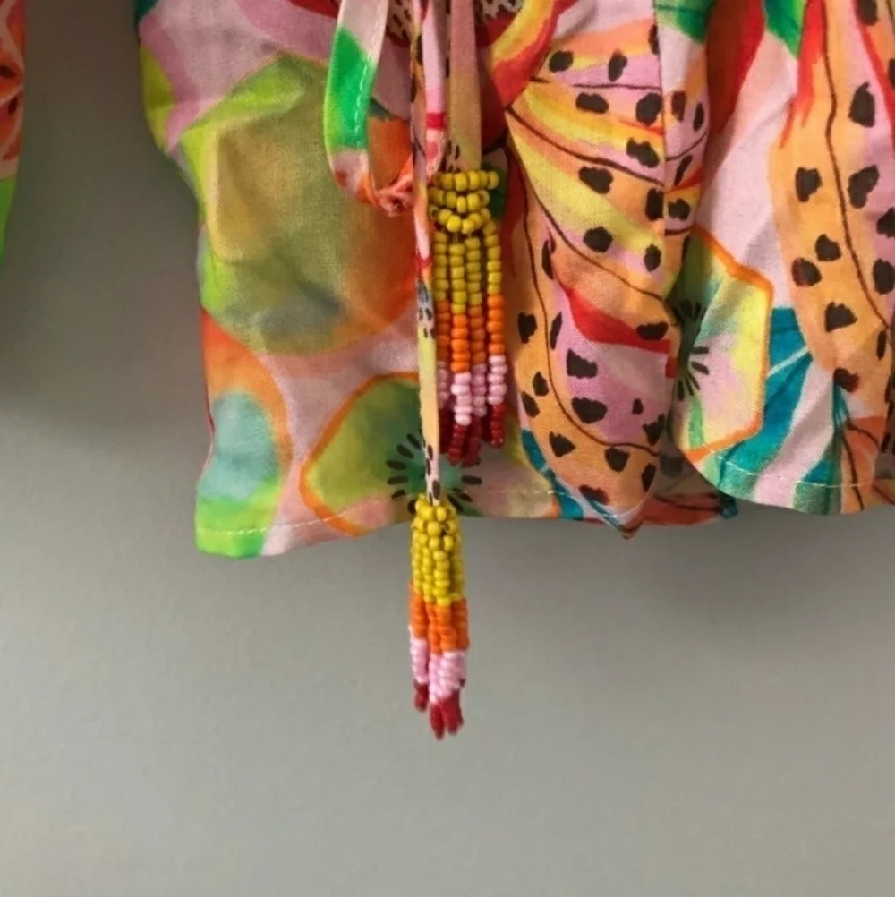 Anthropologie Farm Rio Tropical Fruit Print Beaded Wrap Top Small - Picture 5 of 14